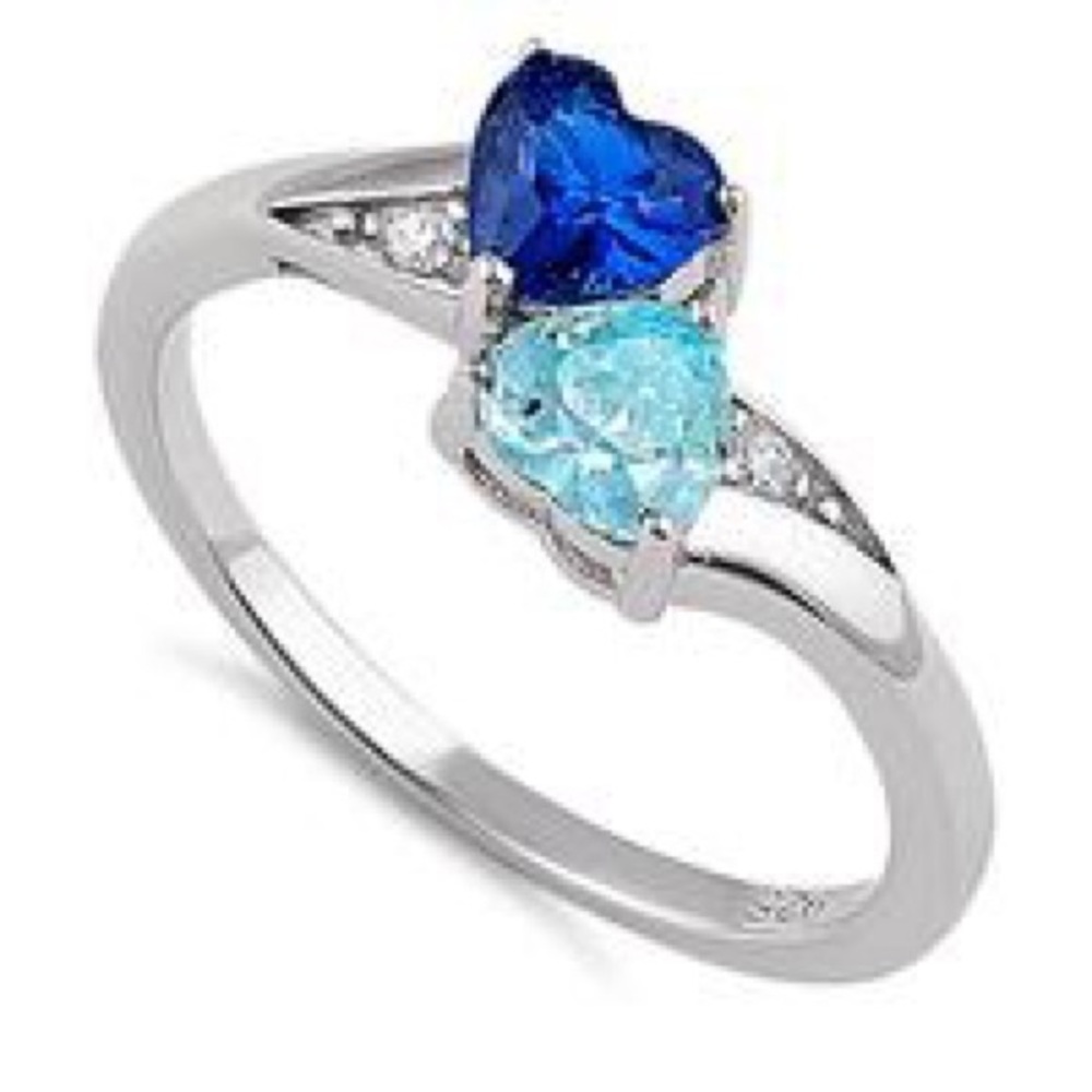 Sterling silver double heart blue topaz ring